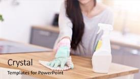  Presentation with pregnant woman cleaning - Presentation featuring hygiene activities - young woman cleaning the kitchen background and a  colored foreground