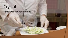  Presentation with restaurant kitchen - Audience pleasing PPT theme consisting of hygiene food safety - professional chef with gloved hands backdrop and a light gray colored foreground