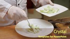  Presentation with restaurant kitchen - Cool new presentation design with hygiene food safety - professional chef with gloved hands backdrop and a tawny brown colored foreground