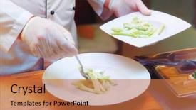  Presentation with food safety - Slide set consisting of hygiene food safety - professional chef with gloved hands background and a coral colored foreground