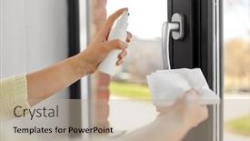  Presentation with disinfectant - Amazing PPT layouts having hygiene-health-care-and-safety backdrop and a mint green colored foreground