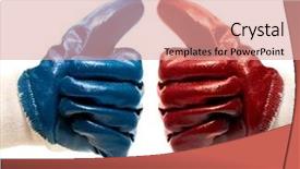  Presentation with two way street sign - Theme consisting of hygiene industrial security - two different color gloves gesturing background and a coral colored foreground