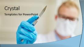  Presentation with rubber gloves doctor puts - Amazing theme having hygiene labor - doctor as surgeon with scalpel backdrop and a soft green colored foreground