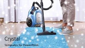  Presentation with room cleaning - Slide set having hygiene labor - man doing vacuum cleaning background and a light blue colored foreground