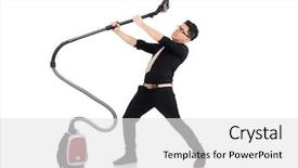  Presentation with vacuum cleaner robot - Presentation design consisting of hygiene labor - man with vacuum cleaner isolated background and a  colored foreground