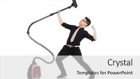  Presentation with vacuum cleaner robot - Presentation theme featuring hygiene labor - man with vacuum cleaner isolated background and a light gray colored foreground