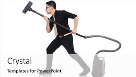  Presentation with plain clear navy blue blue and white cloudy - Amazing slide deck having hygiene labor - man with vacuum cleaner isolated backdrop and a white colored foreground