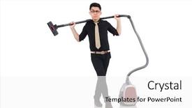  Presentation with vacuum cleaner robot - Colorful slides enhanced with hygiene labor - man with vacuum cleaner isolated backdrop and a  colored foreground