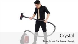  Presentation with white - Cool new PPT theme with hygiene labor - man with vacuum cleaner isolated backdrop and a  colored foreground