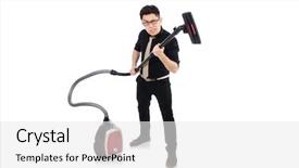  Presentation with vacuum cleaner robot - Colorful PPT layouts enhanced with hygiene labor - man with vacuum cleaner isolated backdrop and a white colored foreground
