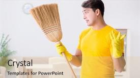  Presentation with home loan interest - PPT theme featuring hygiene labor - young man doing chores background and a  colored foreground