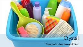  Presentation with hygiene - Presentation having hygiene products and basin isolated on white background background and a light blue colored foreground