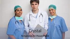  Presentation with healthcare workers - Audience pleasing slides consisting of hygiene security - doctor with clipboard stands backdrop and a teal colored foreground