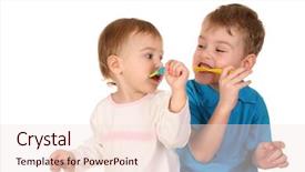  Presentation with children routines - Presentation having hygine - children with tooth brushes background and a lemonade colored foreground