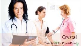  Presentation with blood pressure - Colorful presentation enhanced with hypertension medical - young female doctor is looking backdrop and a  colored foreground