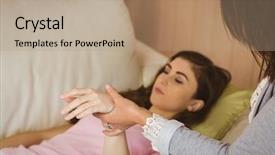  Presentation with patients - Slide set enhanced with hypnosis - hypnotherapist holding her patients wrist background and a coral colored foreground