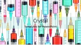  Presentation with needle - Beautiful slide deck featuring hypodermic needle - dozens of bright colorful syringes backdrop and a arctic colored foreground