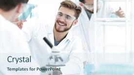  Presentation with lab - Amazing PPT theme having hypothesis - closeup smiling team of biologists backdrop and a sky blue colored foreground