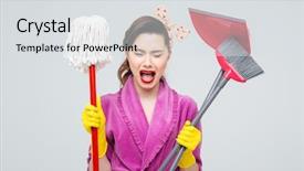  Presentation with crying - Amazing slide deck having hysterical young housewife with mop backdrop and a light gray colored foreground