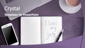  Presentation with open spiral notebook - Presentation theme featuring i love my job concept background and a  colored foreground