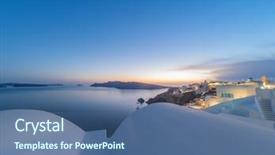  Presentation with sunset drinks - Audience pleasing PPT theme consisting of ias - oia village at sunset santorini backdrop and a ocean colored foreground