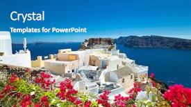  Presentation with panoramic - Presentation design featuring ias - panoramic view from oia village background and a  colored foreground