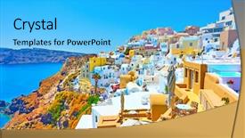  Presentation with aerial view of cape town - Amazing PPT theme having ias - panoramic view of oia town backdrop and a cyan colored foreground