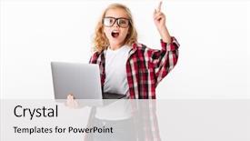  Presentation with portrait of excited overjoyed female - Amazing theme having ib eyeglasses holding laptop computer backdrop and a white colored foreground