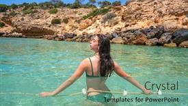  Presentation with clear water - Beautiful PPT theme featuring ibiza-bikini-girl-relaxed backdrop and a seafoam green colored foreground