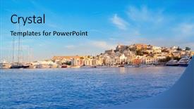  Presentation with mediterranean - Colorful presentation enhanced with ibiza eivissa town with blue mediterranean sea city view backdrop and a light blue colored foreground