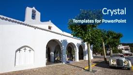  Presentation with skin care natural yellow and white - Colorful PPT theme enhanced with ibiza sant carles de peralta white church in balearic islands spain backdrop and a ocean colored foreground