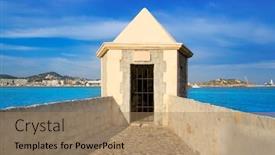  Presentation with port - Beautiful presentation theme featuring ibiza-watchtower-with-eivissa-port backdrop and a coral colored foreground