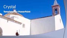  Presentation with church - Slide deck consisting of ibiza-white-church-in-sant background and a teal colored foreground