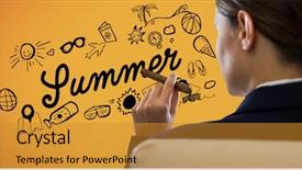  Presentation with doodles - Theme having ice cream information - business woman over shoulder background and a gold colored foreground