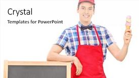  Presentation with vendor - PPT theme featuring ice cream vendor standing by a blackboard isolated on white background background and a white colored foreground