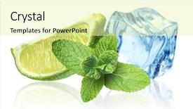  Presentation with tea leaves fresh green leaf - Slide set with ice cubes mint leaves background and a blonde colored foreground
