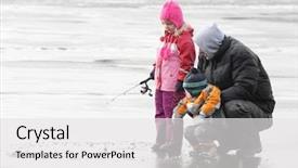  Presentation with father teaching children - Colorful PPT theme enhanced with ice fishing - father teaching his children how backdrop and a white colored foreground