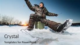  Presentation with lake ice - Presentation theme with ice fishing - happy fisherman with tiny fish background and a lemonade colored foreground