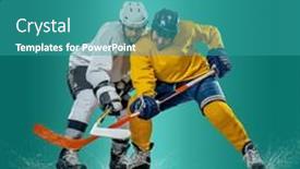  Presentation with hockey puck - Presentation theme consisting of ice-hockey-player-hitting-puck background and a teal colored foreground