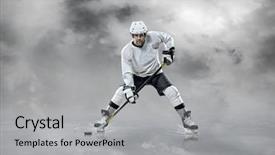  Presentation with ice hockey - Beautiful PPT theme featuring ice hockey player in action on the ice outdoor under sky backdrop and a light gray colored foreground