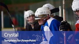  Presentation with hockey - Slide set featuring ice hockey players group of people team friends waiting and relaxing on bench to start game background and a cobalt blue colored foreground