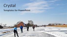  Presentation with skating - Audience pleasing PPT theme consisting of ice skating in the countryside from the netherlands at sunset backdrop and a light blue colored foreground