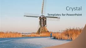  Presentation with skating - PPT theme enhanced with ice skating in the countryside from the netherlands in winter at a traditional windmill background and a light blue colored foreground