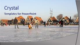  Presentation with skating - Slides with ice skating in the countryside from the netherlands with view on a dutch village background and a sky blue colored foreground