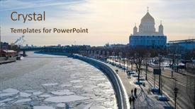  Presentation with winter river - PPT theme with icebreaker - winter embankment of moscow river background and a cream colored foreground