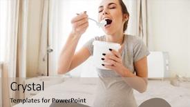  Presentation with pregnant woman in hospital - Colorful PPT theme enhanced with icecream - cheerful pregnant young woman sitting backdrop and a coral colored foreground
