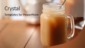  Presentation with straw - Amazing presentation theme having iced coffee in glass jar with straw on brown wooden table backdrop and a soft green colored foreground