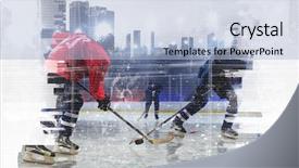  Presentation with ice hockey - Colorful presentation theme enhanced with icehockey - hockey players on ice mixed backdrop and a light blue colored foreground