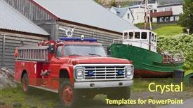  Presentation with firefighters - Slide deck having iceland siglufjordur firefighters truck not really brand new but still efficient to be used in the town's small harbour background and a tawny brown colored foreground