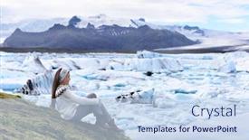  Presentation with iceland - Presentation theme having iceland-tourist-enjoying-jokulsarlon-glacial background and a sky blue colored foreground